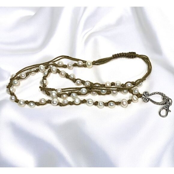Genuine White Pearl Knotted ID Lanyard Necklace On Natural Fiber Cord 12"-18" - Picture 7 of 7
